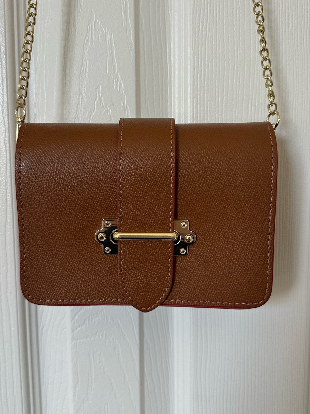 Made in Italy Brown Pebbled Crossbody with Gold Chain and Bar Clasp
